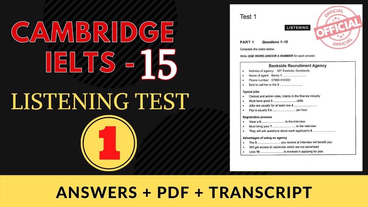 'Video thumbnail for Cambridge IELTS 15 | Listening Test 1 with answers | PDF & Audio Transcript'